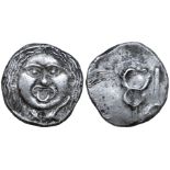 Etruria, Populonia AR 20 Asses. Circa 300-250 BC. Facing head of Metus, hair bound with diadem; X