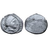 Etruria, Populonia AR 10 Asses. Circa 300-250 BC. Wreathed female head right; + behind / Blank. EC