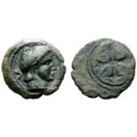 Etruria, Populonia Æ 5 Units. Late 4th - 3rd century BC. Head right, wearing Phrygian helmet; V