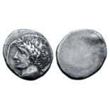 Etruria, Populonia AR 10 Asses. Circa 300-250 BC. Laureate male head left, slightly bearded; +