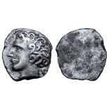 Etruria, Populonia AR 5 Asses. 3rd century BC. Young male head with curly hair left; V behind /