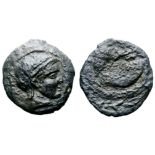 Etruria, uncertain mint Æ 25 Units (Centesimae). Late 4th century BC. Helmeted head of Menvra right,