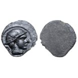 Etruria, Populonia AR 5 Asses. 3rd century BC. Head of Turms right, wearing winged petasos; V behind