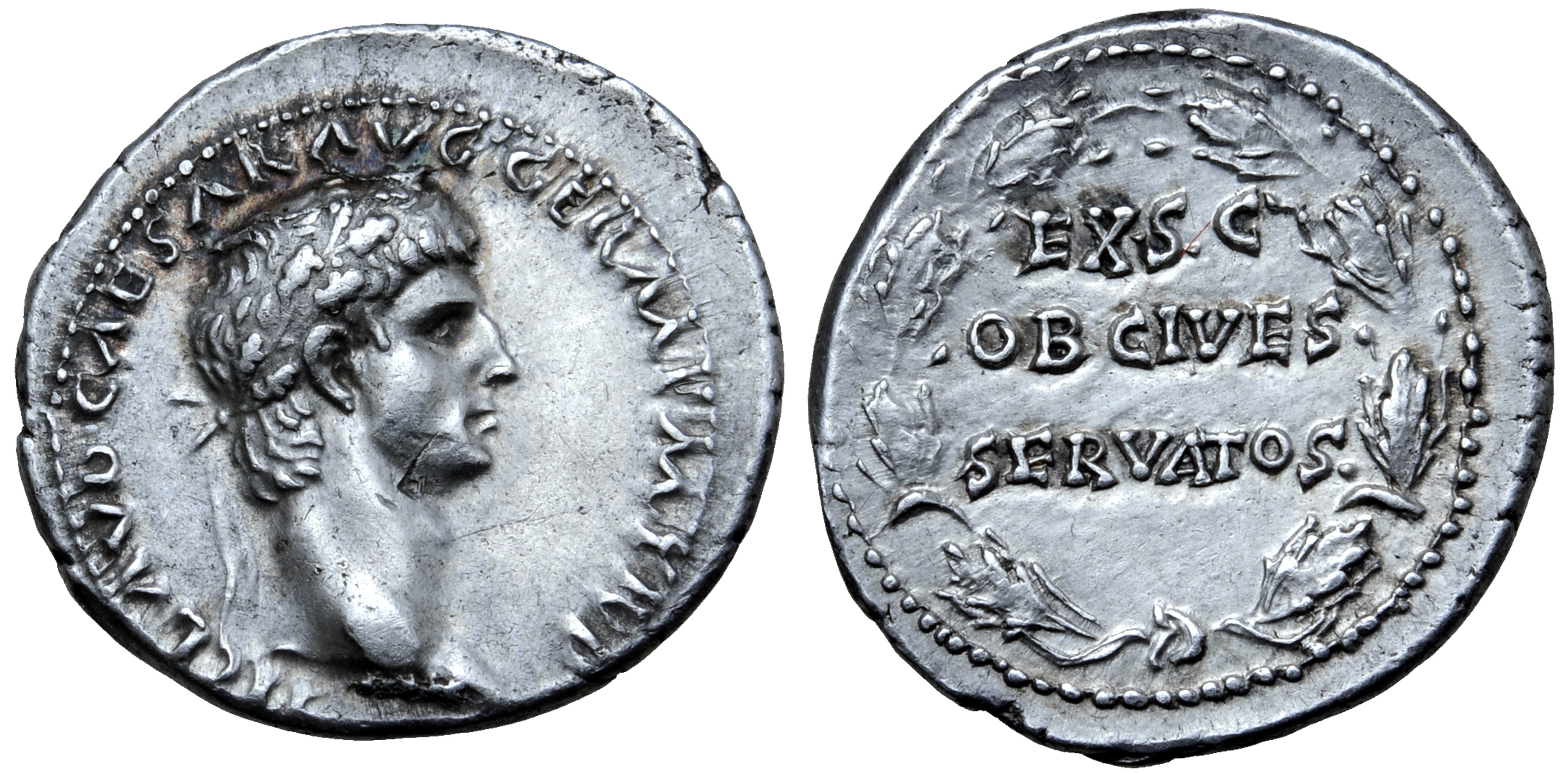 Claudius I AR Denarius. Rome, AD 41-42. TI CLAVD CAESAR AVG GERM P M TR P, laureate head right / EX•