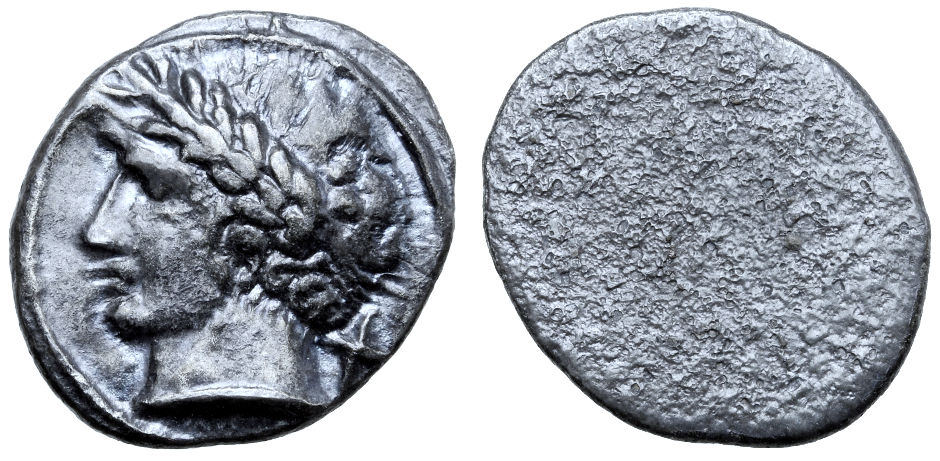 Etruria, Populonia AR 10 Asses. Circa 300-250 BC. Laureate male head left, slightly bearded; +