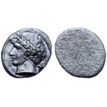 Etruria, Populonia AR 10 Asses. Circa 300-250 BC. Laureate male head left, slightly bearded; +