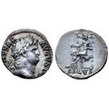 Nero AR Denarius. Rome, AD 65-66. CAESAR AVGVSTVS, laureate head right / Salus seated on throne to