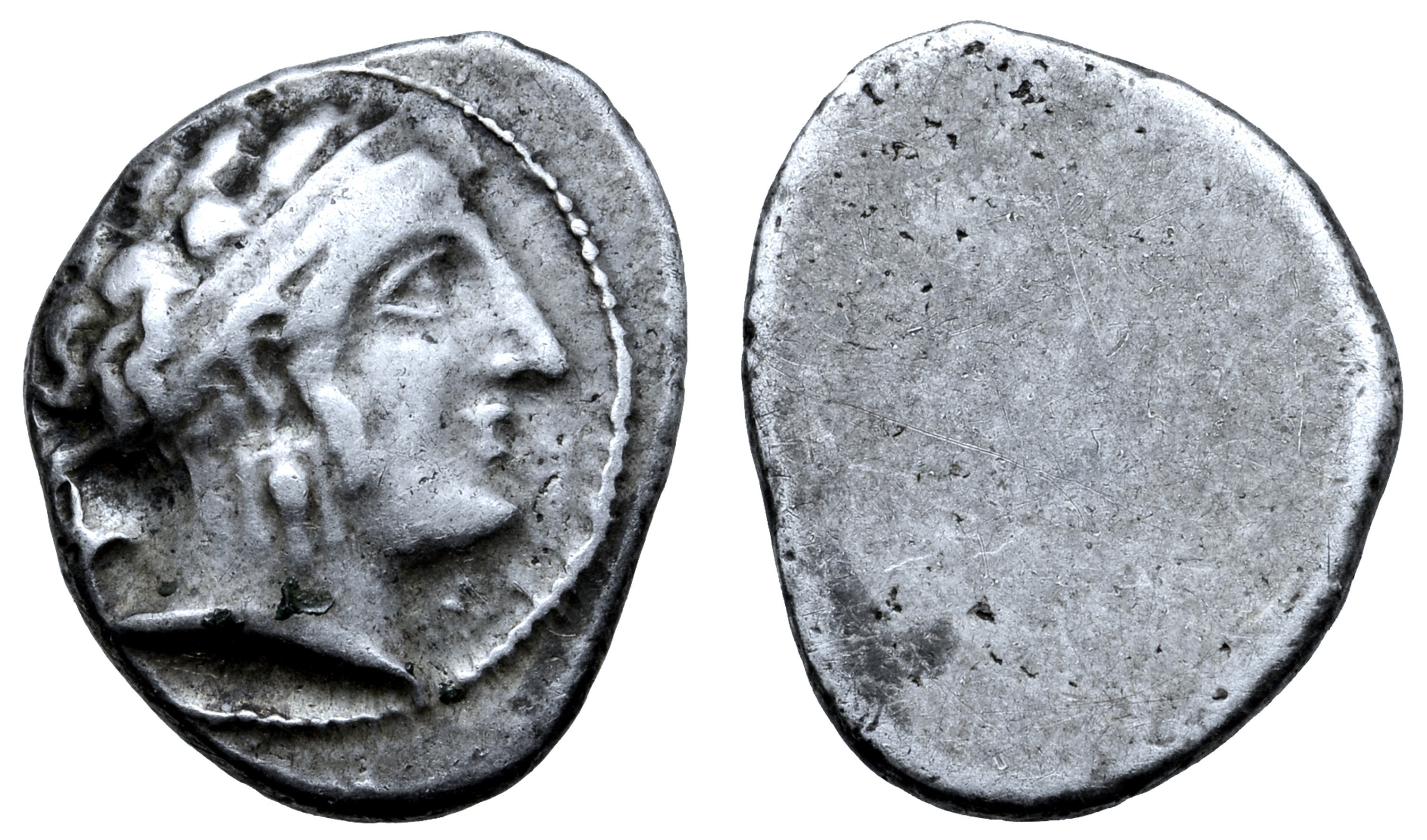 Etruria, Populonia AR 10 Asses. Circa 300-250 BC. Female head right, wearing broad hair band and