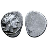 Etruria, Populonia AR 10 Asses. Circa 300-250 BC. Female head right, wearing broad hair band and