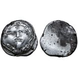 Etruria, Populonia AR 20 Asses. Circa 300-250 BC. Facing head of Metus, hair bound with diadem;