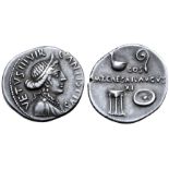 Augustus AR Denarius. C. Antistius Vetus, moneyer. Rome, 16 BC. C•ANTISTIVS VETVS•III•VIR, draped