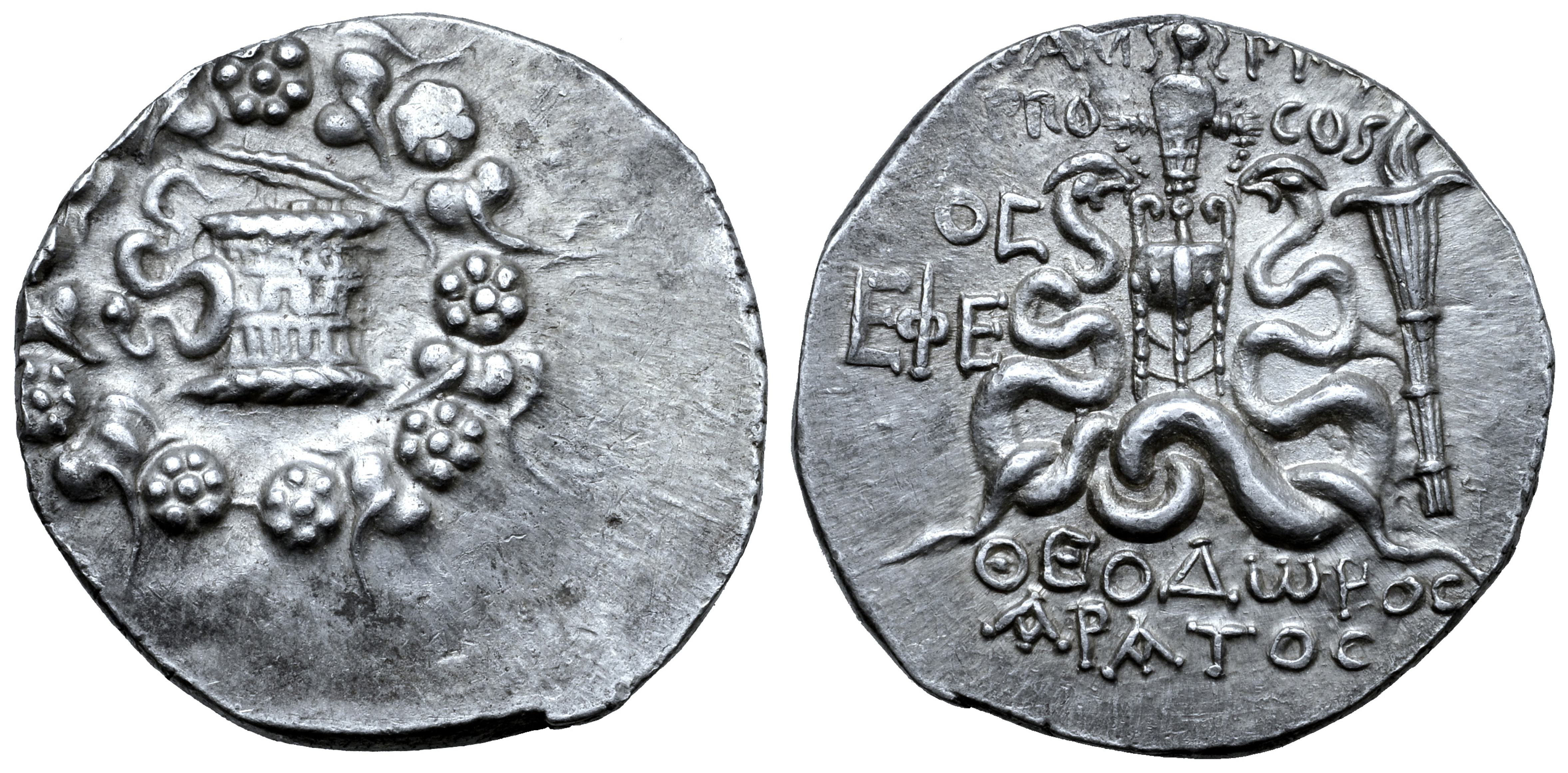 T. Ampius T. f. Balbus AR Cistophoric Tetradrachm. Theodoros and Aratos, magistrates. Ephesus, 58-57