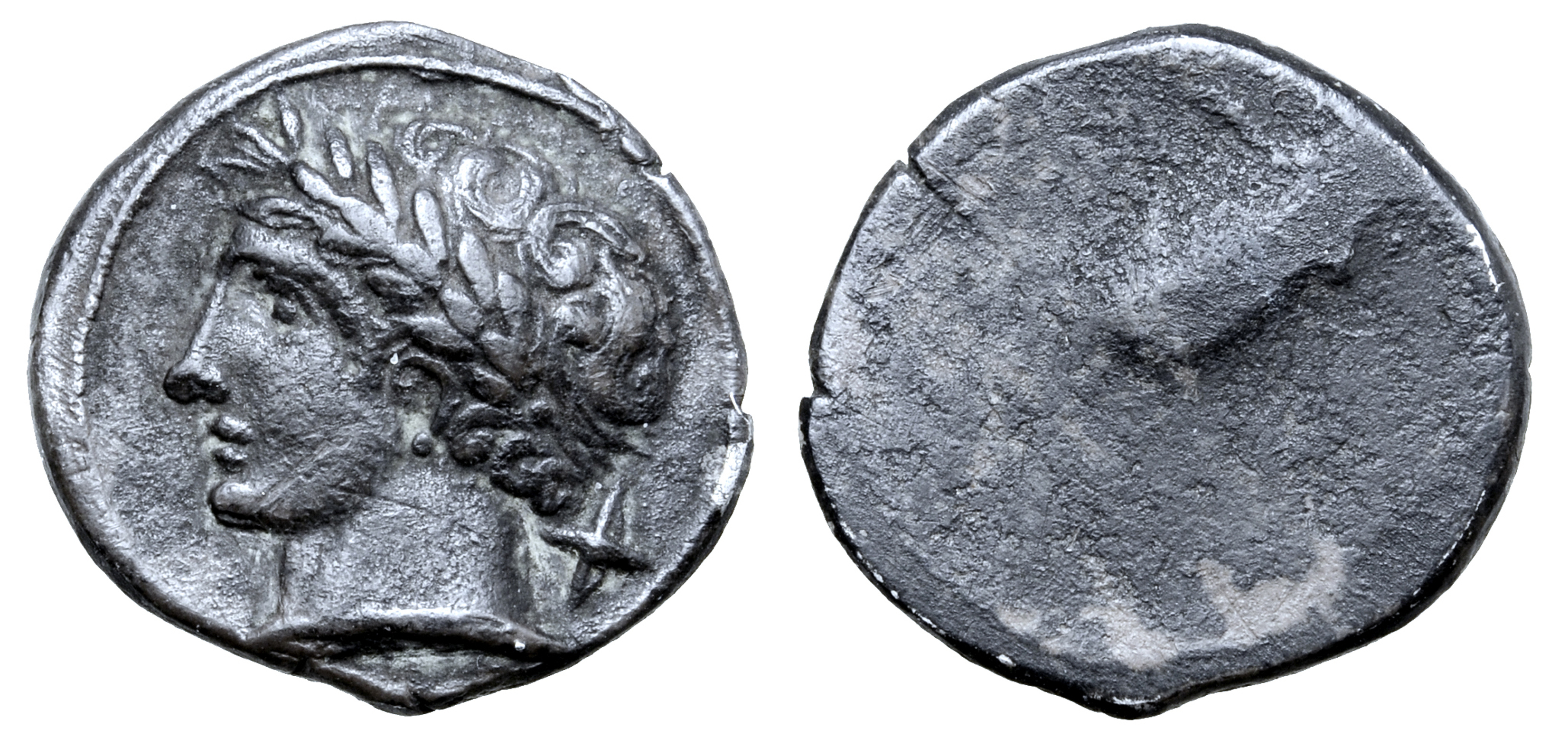 Etruria, Populonia AR 10 Asses. Circa 300-250 BC. Laureate male head left, slightly bearded; +