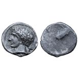 Etruria, Populonia AR 10 Asses. Circa 300-250 BC. Laureate male head left, slightly bearded; +