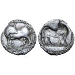 Lucania, Sybaris AR Drachm. Circa 530-510 BC. Bull standing left, head right; VM in exergue / Incuse