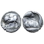 Lucania, Sybaris AR Drachm. Circa 530-510 BC. Bull standing left, head right; VM in exergue / Incuse