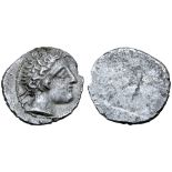 Etruria, Populonia AR 2.5 Asses. 3rd century BC. Male head right; CII behind / Blank. EC I, 96.21-