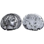 Etruria, Populonia AR 10 Asses. Circa 300-250 BC. Laureate male head right, with sideburn; +