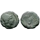 Etruria, Populonia Æ Uncia. Late 3rd century BC. Head of Sethluns right; two pellets behind /