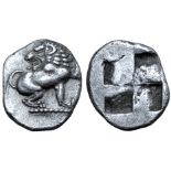 Macedon, Phagres(?) AR Trihemiobol. Circa 450-400 BC. Lion seated to right on dotted ground line,