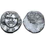 Etruria, Populonia AR 20 Asses. Circa 300-250 BC. Facing head of Metus, hair bound with diadem; X: