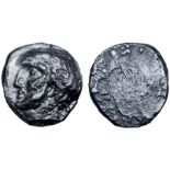 Etruria, Lucca(?) AR 5 Units. Circa 325-300 BC. Bearded and laureate head left, [? behind] /