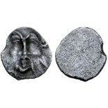 Etruria, Populonia AR Diobol (?). Late 4th - 3rd century BC. Head of Silenus facing / Blank. Cf.