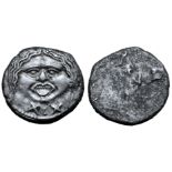 Etruria, Populonia AR 20 Asses. Circa 300-250 BC. Facing head of Metus, hair bound with diadem; X: