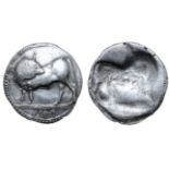 Lucania, Sybaris AR Stater. Circa 530-510 BC. Bull standing left, head right; VM in exergue / Incuse