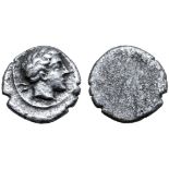 Etruria, Populonia AR 5 Asses. 3rd century BC. Male head right, V behind / Blank. EC I, 90.23 (