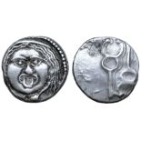 Etruria, Populonia AR 20 Asses. Circa 300-250 BC. Facing head of Metus, hair bound with diadem; X