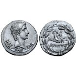 Augustus AR Cistophoric Tetradrachm of Ephesus, Ionia. Circa 25 BC. IMP CAESAR, bare head right /