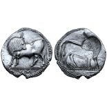 Lucania, Sybaris AR Stater. Circa 530-510 BC. Bull standing left, head right; VM in exergue / Incuse