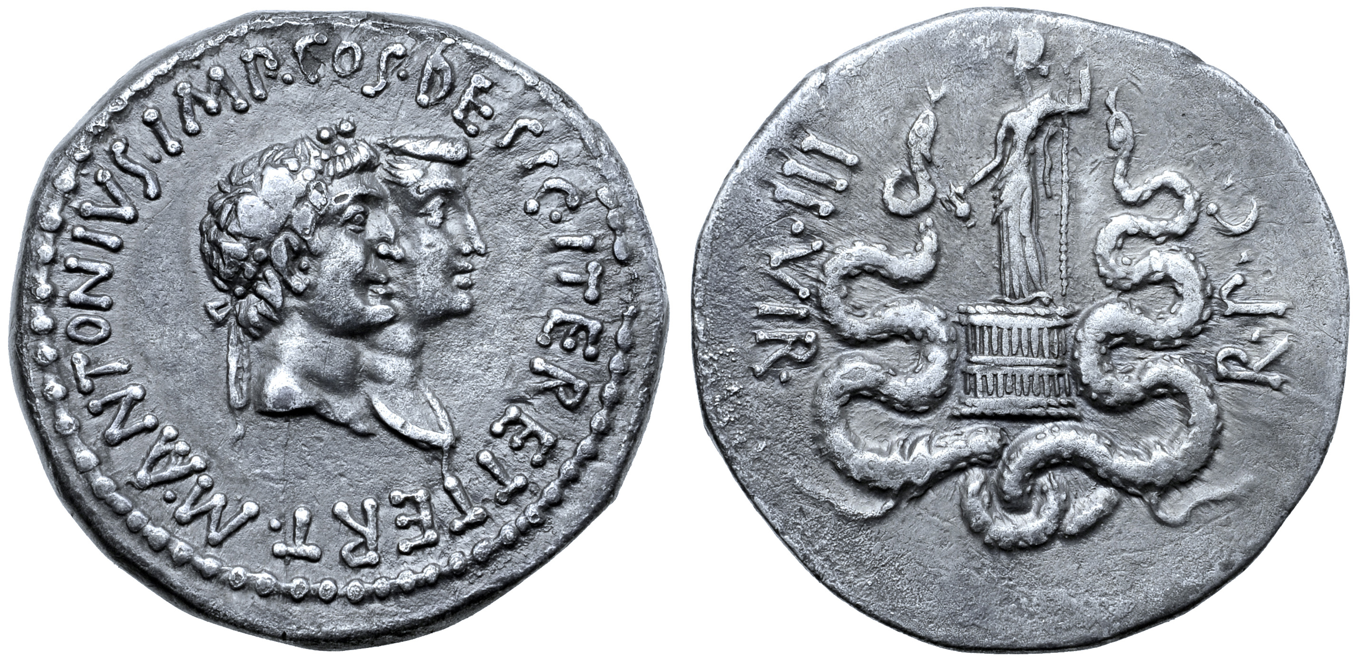 Marc Antony and Octavia AR Cistophoric Tetradrachm of Ephesus, Ionia. Struck circa 39 BC. M•