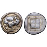 Macedon, Akanthos AR Tetradrachm. Circa 470-430 BC. Lion to right, attacking bull crouching to