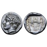 Macedon, Chalkidian League AR Tetradrachm. Olynthos, circa 382-379 BC. Laureate head of Apollo