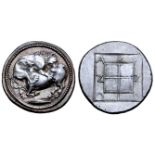 Macedon, Akanthos AR Tetradrachm. Circa 470-430 BC. Lion to right, attacking bull crouching to