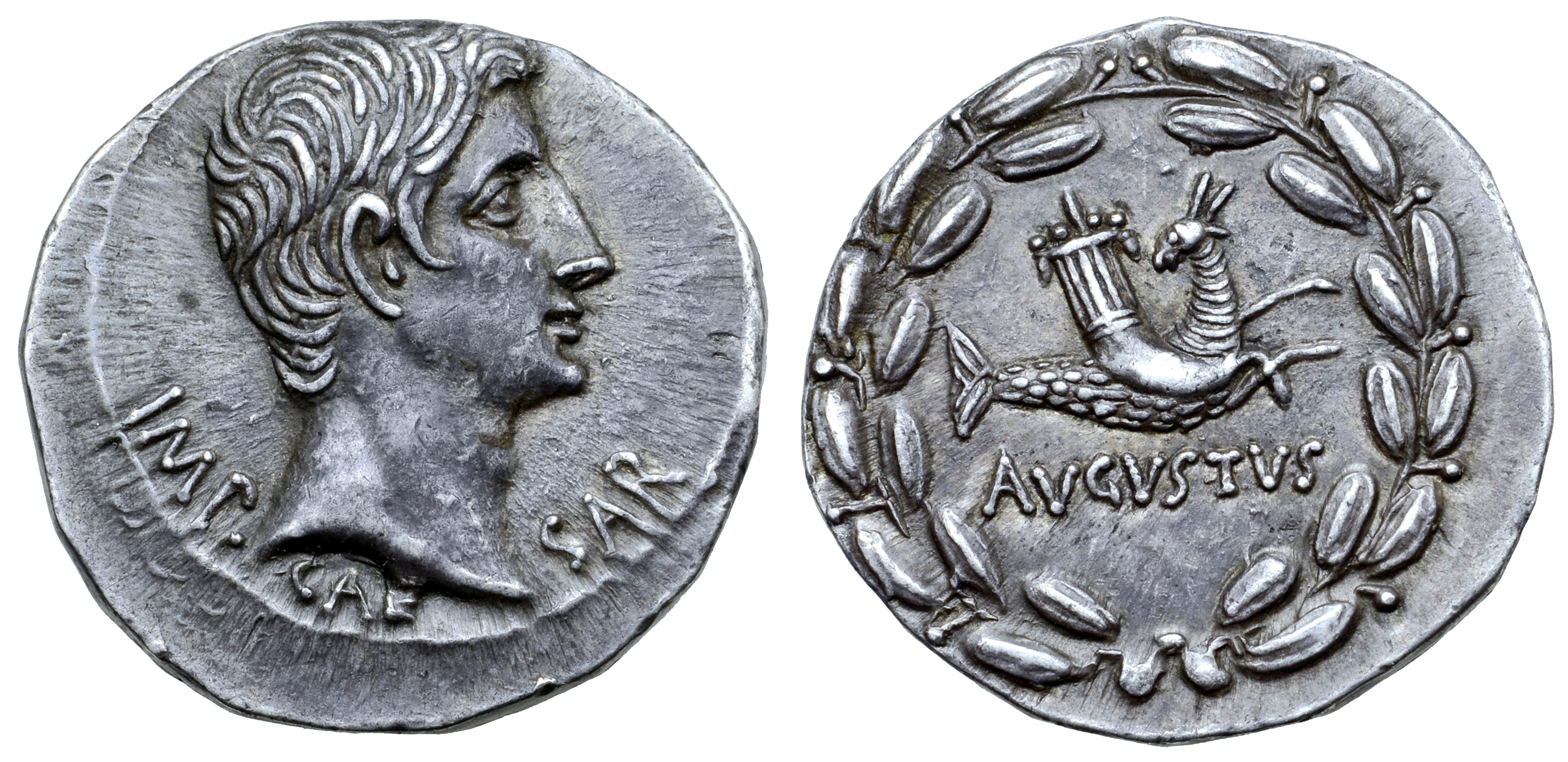 Augustus AR Cistophorus. Ephesus, circa 25 BC. IMP CAESAR, bare head right / AVGVSTVS, capricorn