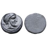 Etruria, Populonia AR 5 Asses. 3rd century BC. Diademed and bearded head right; V behind / Blank. EC