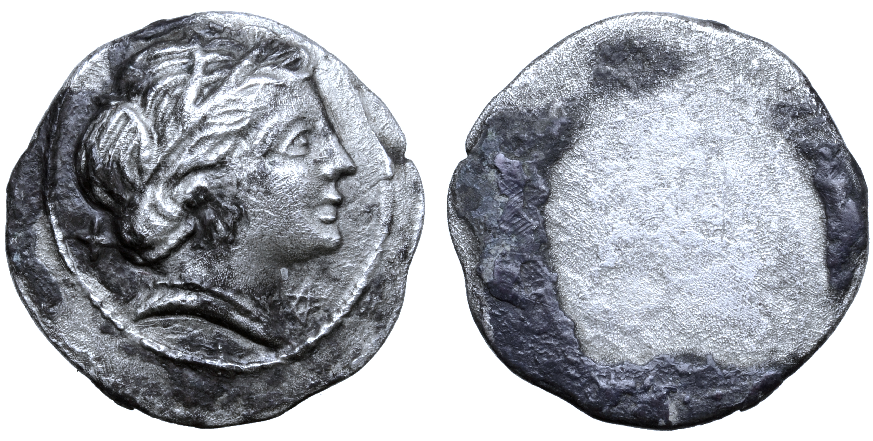 Etruria, Populonia AR 10 Asses. Circa 300-250 BC. Head of Persipina right, wearing barley