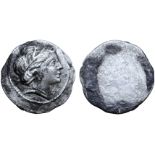 Etruria, Populonia AR 10 Asses. Circa 300-250 BC. Head of Persipina right, wearing barley