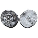 Etruria, Populonia AR 20 Asses. Circa 300-250 BC. Facing head of Metus, hair bound with diadem; X: