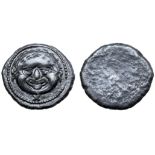 Etruria, Populonia AR 10 Units. Circa 425-400 BC. Head of Metus facing, hair bound in diadem; below,