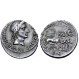Augustus AR Denarius. Rome, 19-18 BC. M. Durmius, moneyer. M DVRMIVS III VIR HONORI, head of Honos