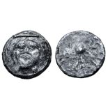 Etruria, Populonia AR 20 Asses. Circa 300-250 BC. Facing head of Metus, hair bound with diadem; XX