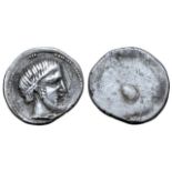 Etruria, Populonia AR 5 Asses. 3rd century BC. Diademed and bearded head right; [V behind] /