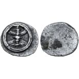 Etruria, Populonia AR Unit. Late 4th century BC. Wheel with long crossbar, central pin supported