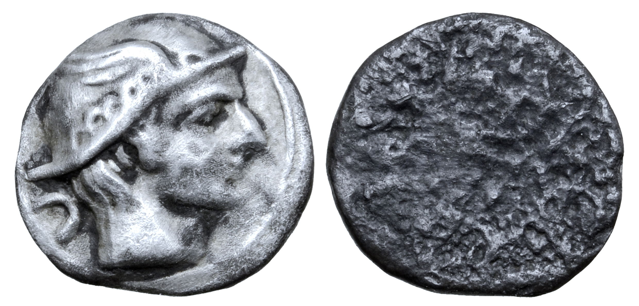 Etruria, Populonia AR 5 Asses. 3rd century BC. Head of Turms right, wearing winged petasos; V behind