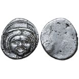 Etruria, Populonia AR 20 Asses. Circa 300-250 BC. Facing head of Metus, hair bound with diadem;