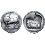 Lucania, Sybaris AR Stater. Circa 530-510 BC. Bull standing left, head right; VM in exergue / Incuse